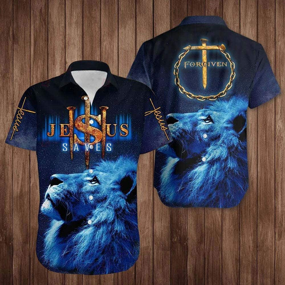 Christian Religious Hawaiian Shirt Lion Cross Jesus Saves Forgiven 