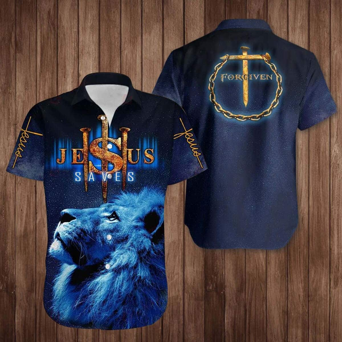 Christian Hawaiian Shirt Lion Jesus Saves Forgiven Lion Christian Religious Cross