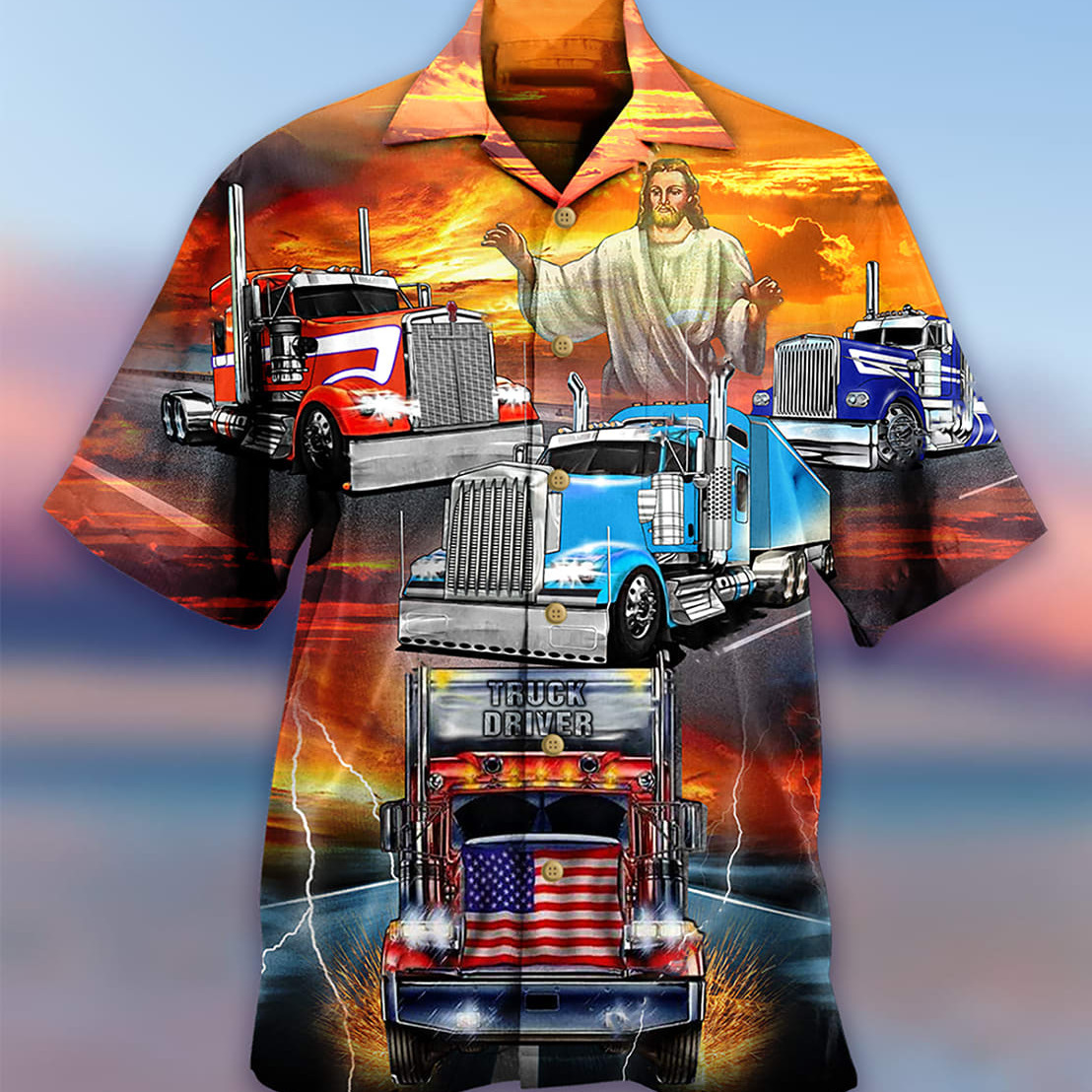 Truck Driver Christian Hawaiian Shirt Jesus Bless In The Sunset US Flag Truck Driver Christian Hawaiian Shirt Jesus Bless In The Sunset US Flag