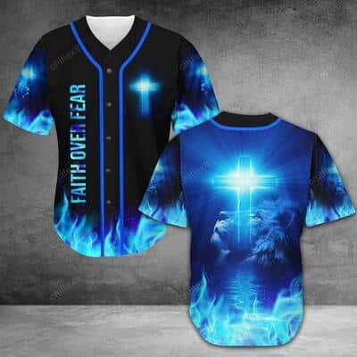 Christian Baseball Jersey Faith Over Fear Lion Blue Light Christian Gift For Believers