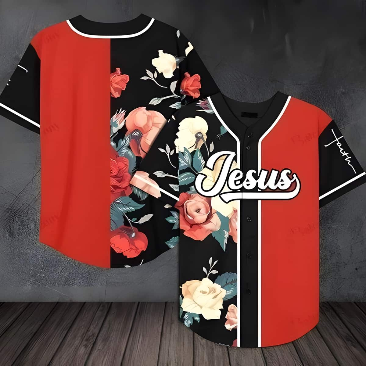 Christian Baseball Jersey Rose Pattern Blend Red Color Christian Religious Gift For Friends