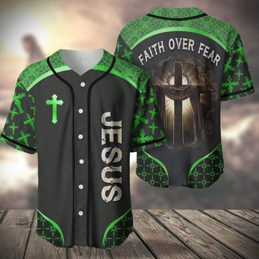 Green Baseball Jersey Faith Over Fear Christian Faith Gift For Believers