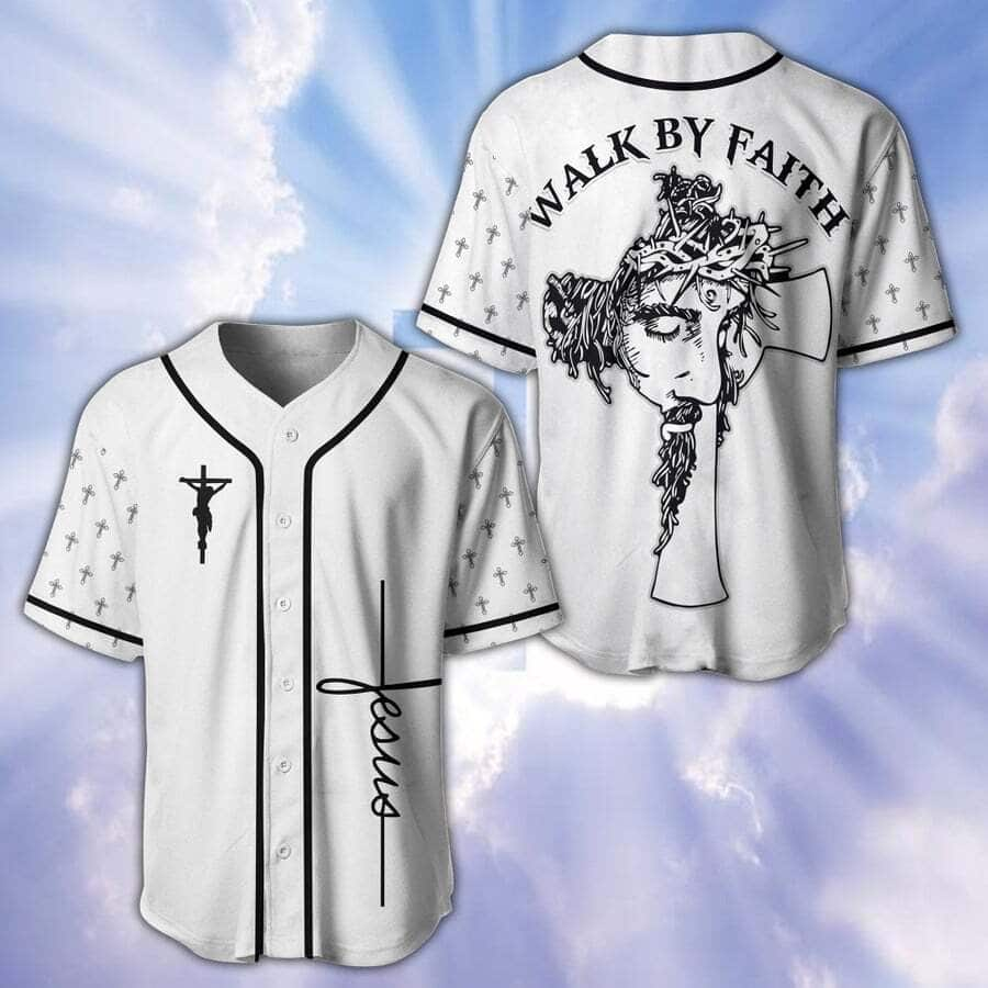 White Christian Baseball Jersey Walk By Faith Jesus Christian Gift For Believers