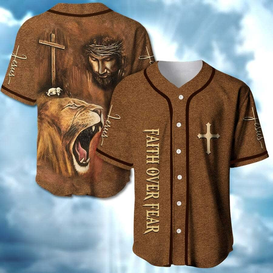 Jesus And Lion Baseball Jersey Christian Faith Over Fear Gift For Believers