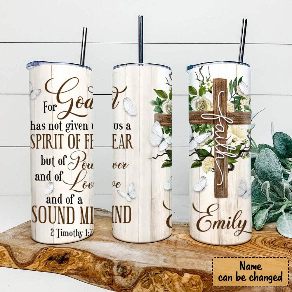 Personalized Religious Skinny Tumbler For God Has Not Given Christian Cross Bible Verse Gift Personalized Religious Skinny Tumbler For God Has Not Given Christian Cross Bible Verse Gift