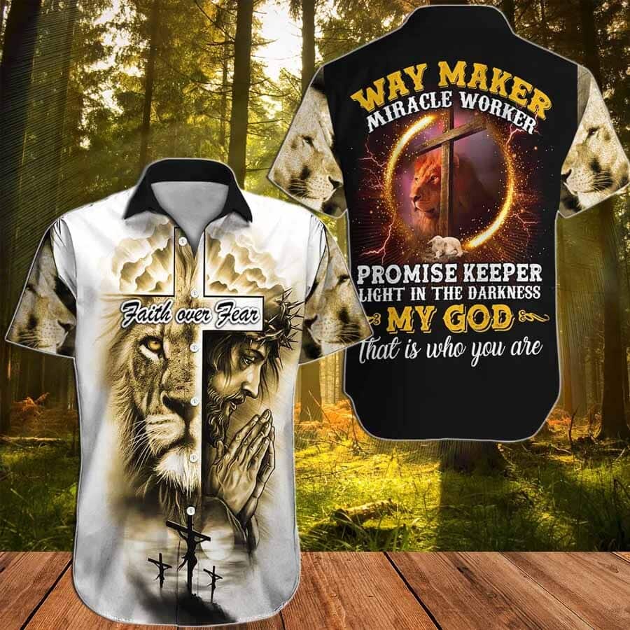 Jesus Faith Over Fear Way Maker Miracle Worker Jesus Lion Cross Bible Verse Hawaiian Shirt Jesus Faith Over Fear Way Maker Miracle Worker Jesus Lion Cross Bible Verse Hawaiian Shirt