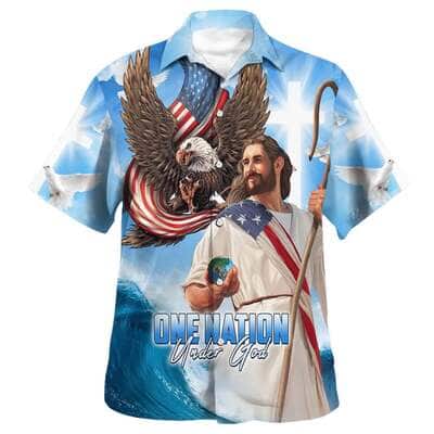 One Nation Under God Independence Day Jesus Eagle American Christian Religious Hawaiian Shirt
