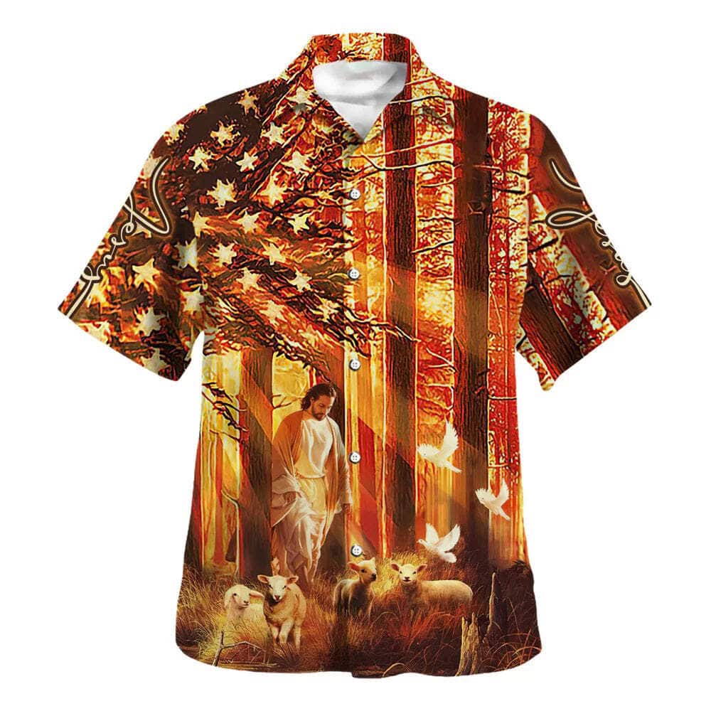 US Flag Jesus Walking In The Forest With The Sheep Christian Religious Hawaiian Shirt US Flag Jesus Walking In The Forest With The Sheep Christian Religious Hawaiian Shirt