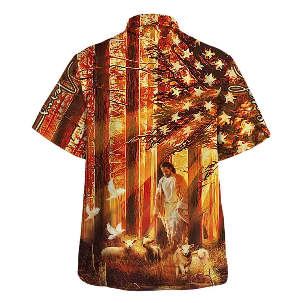 US Flag Jesus Walking In The Forest With The Sheep Christian Religious Hawaiian Shirt