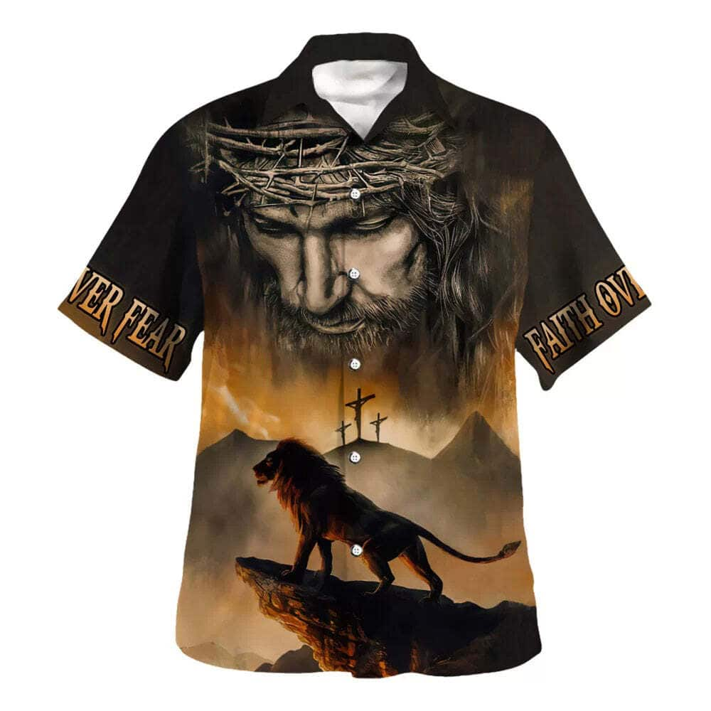 Faith Over Fear Bible Verse Jesus And Lion Christian Religious Hawaiian Shirt