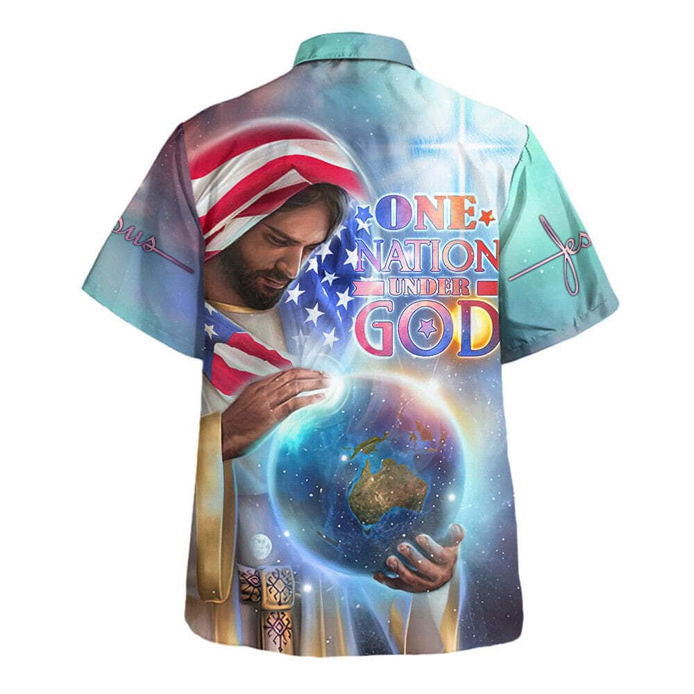 One Nation Under God Jesus Holding Earth American Flag Independence Day Christian Summer Hawaiian Shirt
