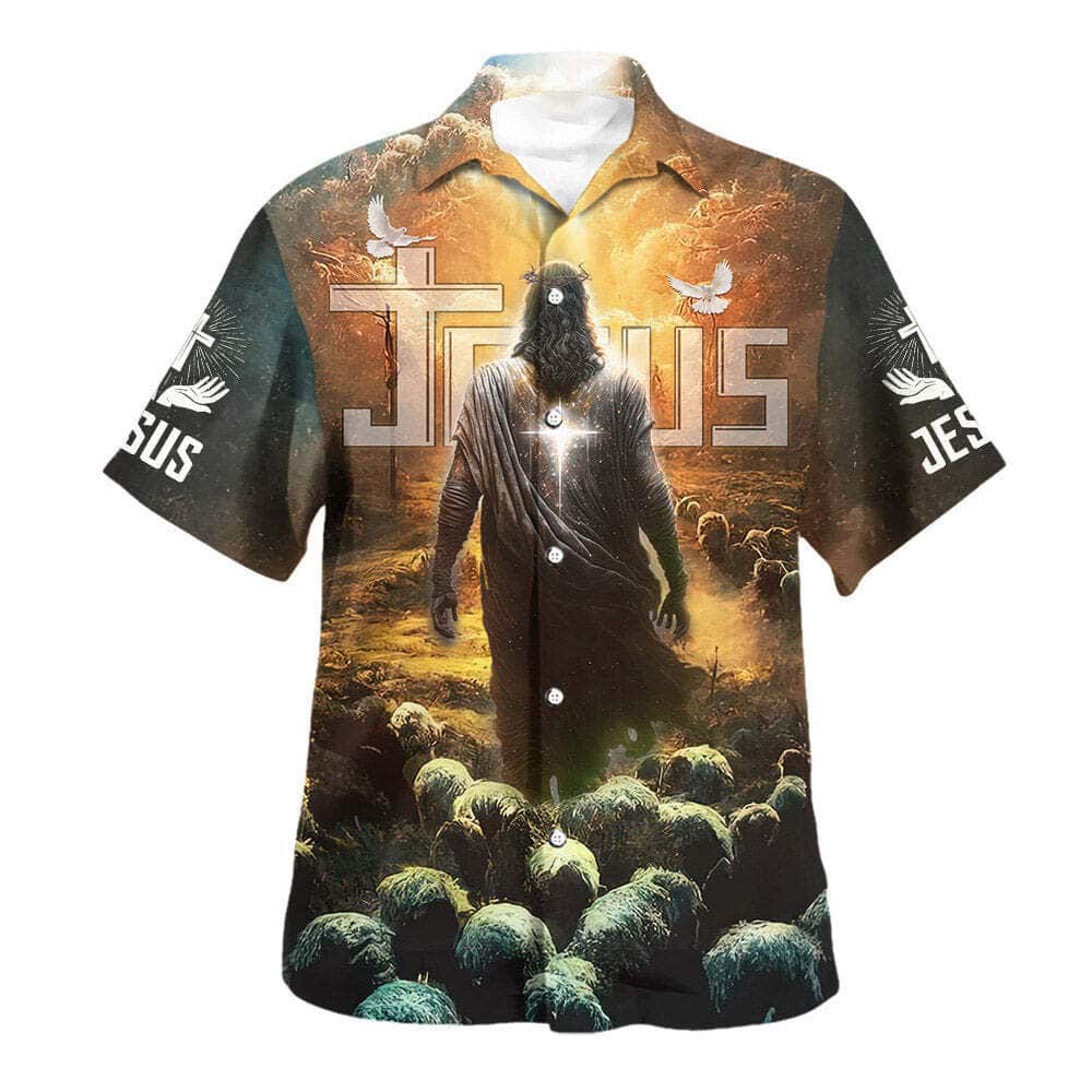 Jesus Leading Sheep Christian Summer Hawaiian Shirt Jesus Leading Sheep Christian Summer Hawaiian Shirt