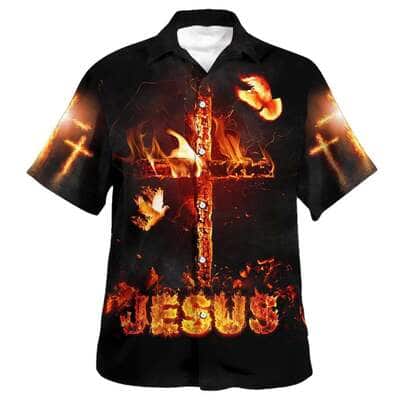 Jesus Burning Fire Cross Christian Summer Hawaiian Shirt
