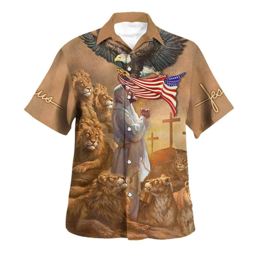 US Flag Jesus Pray Lion Cross Christian 4th Of July Hawaiian Shirt