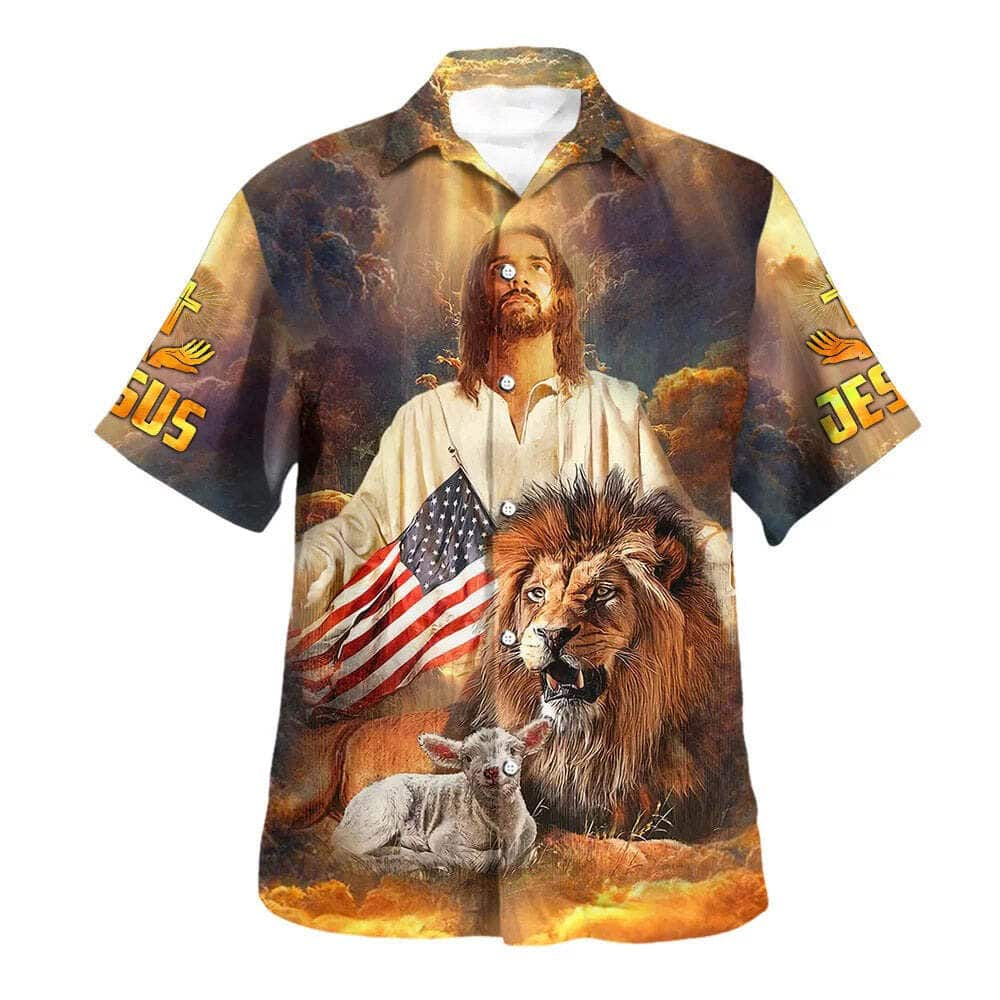 4th Of July Jesus Lion And The Lamb Christian Hawaiian Shirt US Flag