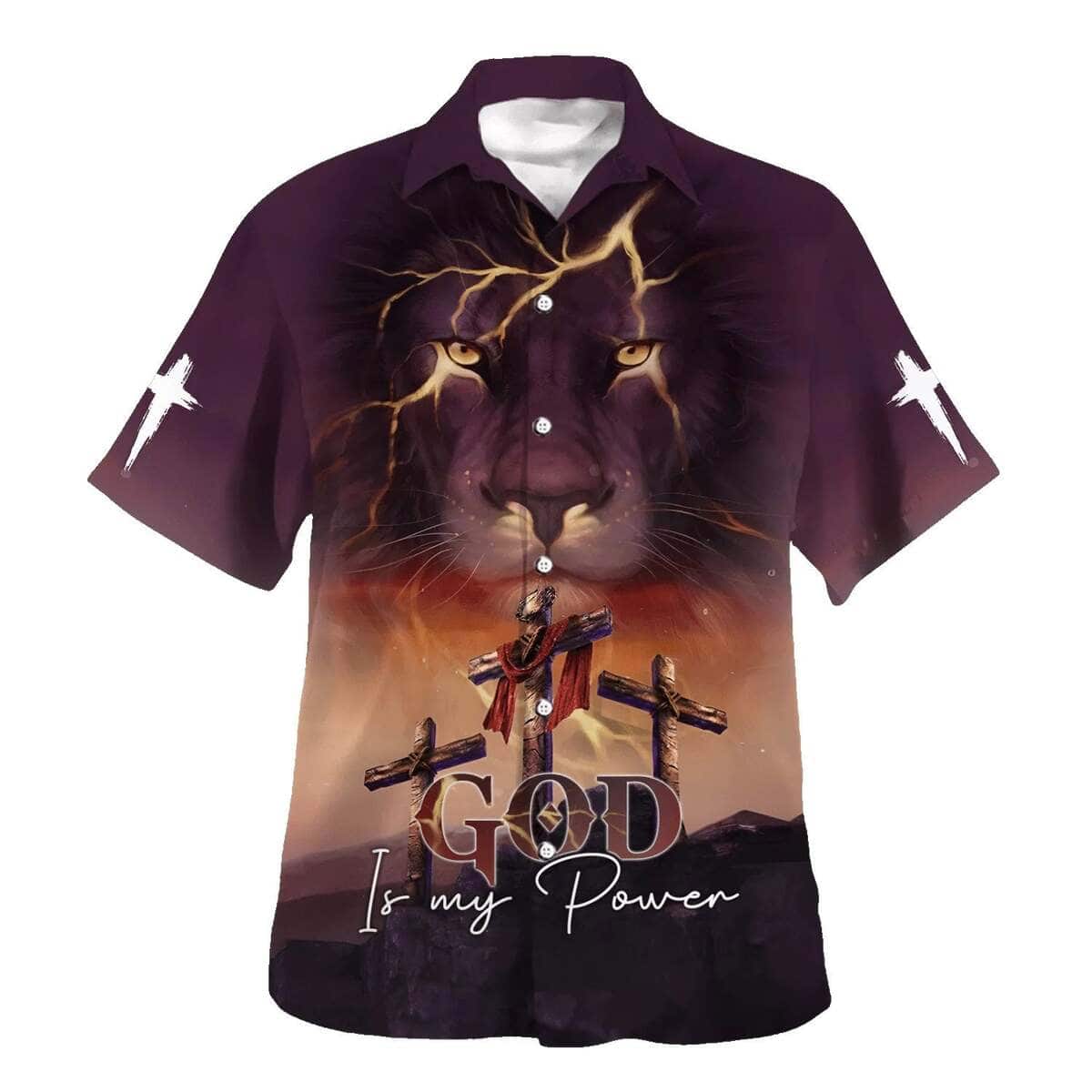 God Is My Power Lion Three Cross Christian Hawaiian Shirt God Is My Power Lion Three Cross Christian Hawaiian Shirt
