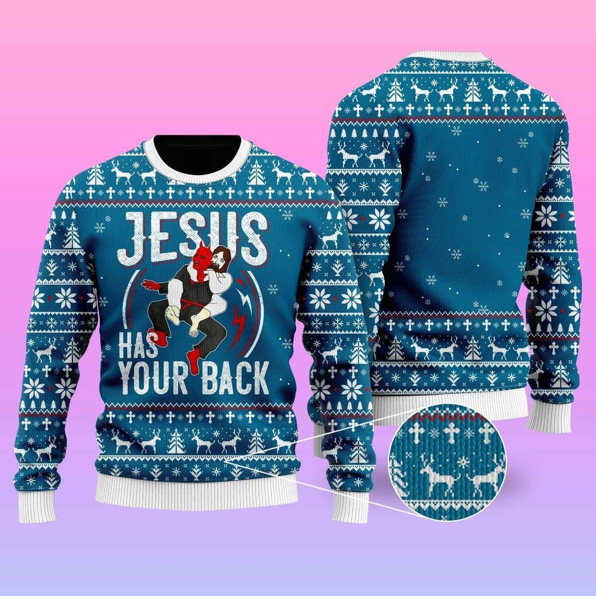 Funny Jesus Has Your Back Jiu Jitsu Ugly Christmas Ugly Christmas Sweater Christian Religious Gift