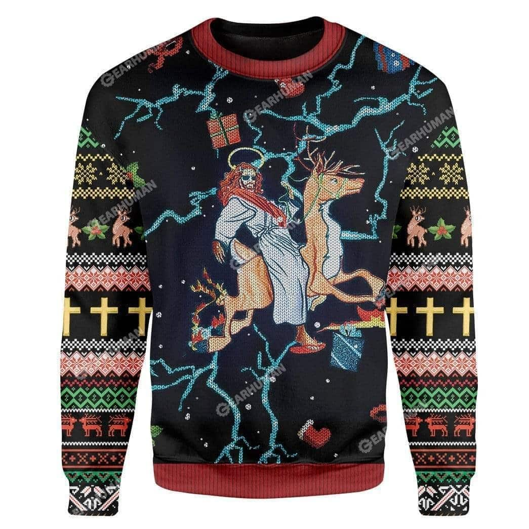 Jesus Riding Reindeer Black Christmas Ugly Christmas Ugly Christmas Sweater Christian Religious Gift