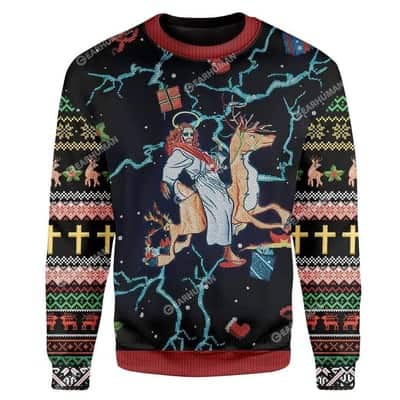 Jesus Riding Reindeer Black Christmas Ugly Christmas Ugly Christmas Sweater Christian Religious Gift
