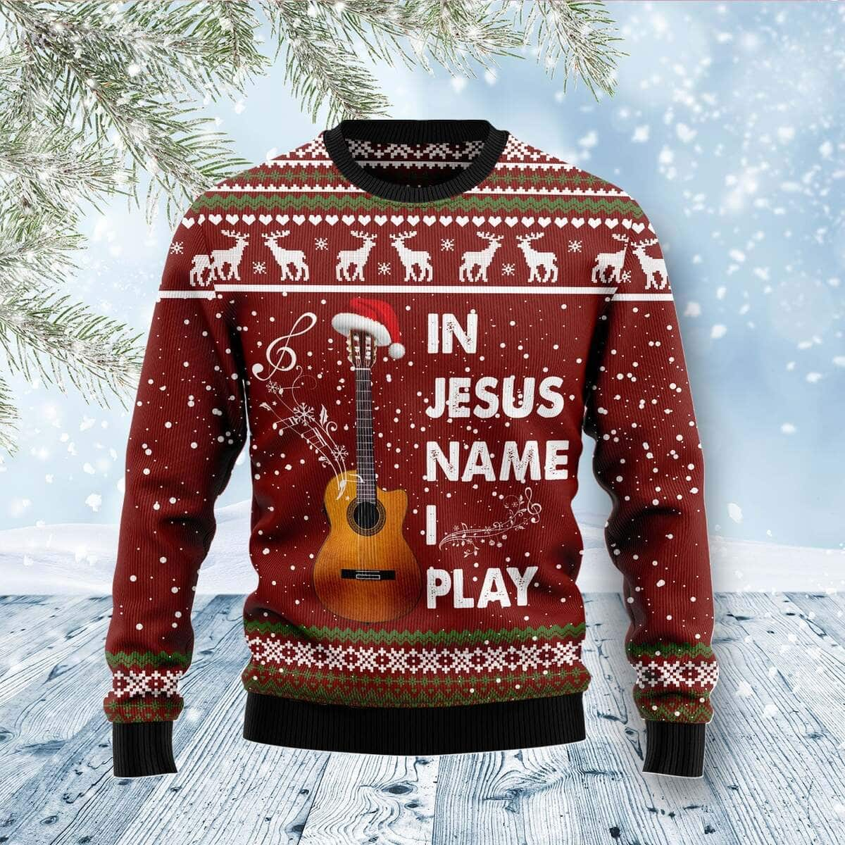 In Jesus Name I Play Guitar Ugly Christmas Ugly Christmas Sweater Christian Religious Gift