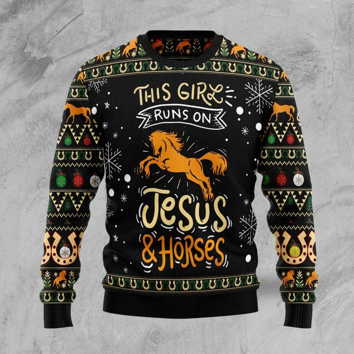 Girls Run On Jesus And Horses Ugly Christmas Ugly Christmas Sweater Christian Religious Gift