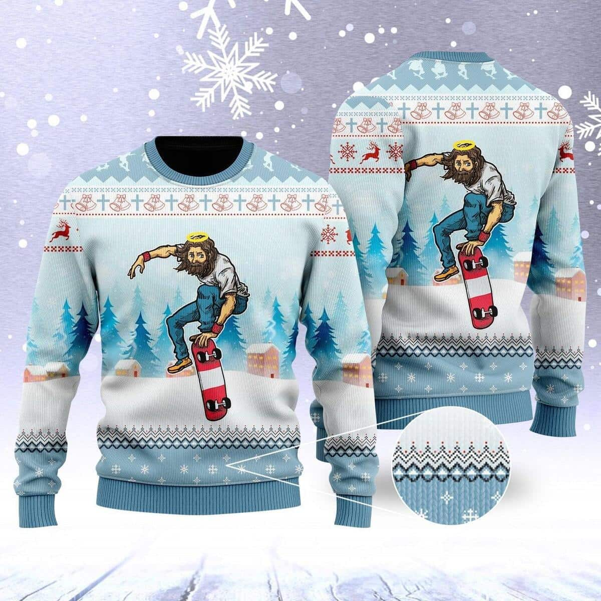 Funny Jesus Skateboarding Christmas Ugly Christmas Ugly Christmas Sweater Christian Religious Gift