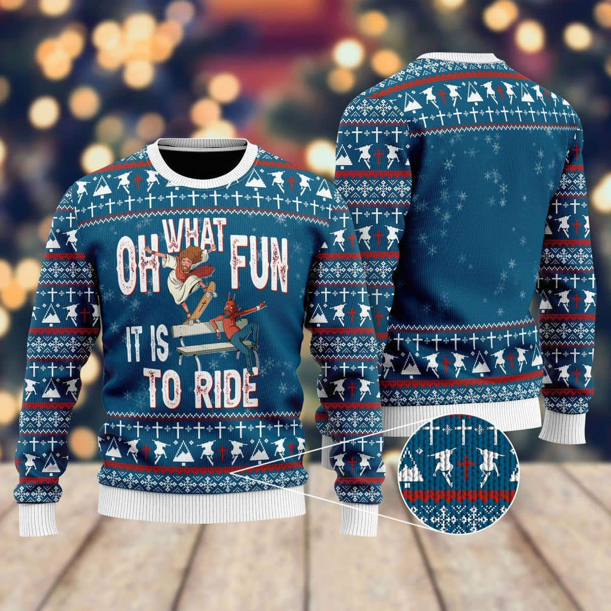 Funny Jesus Ride Skateboarding With Satan Ugly Christmas Ugly Christmas Sweater Christian Religious Gift