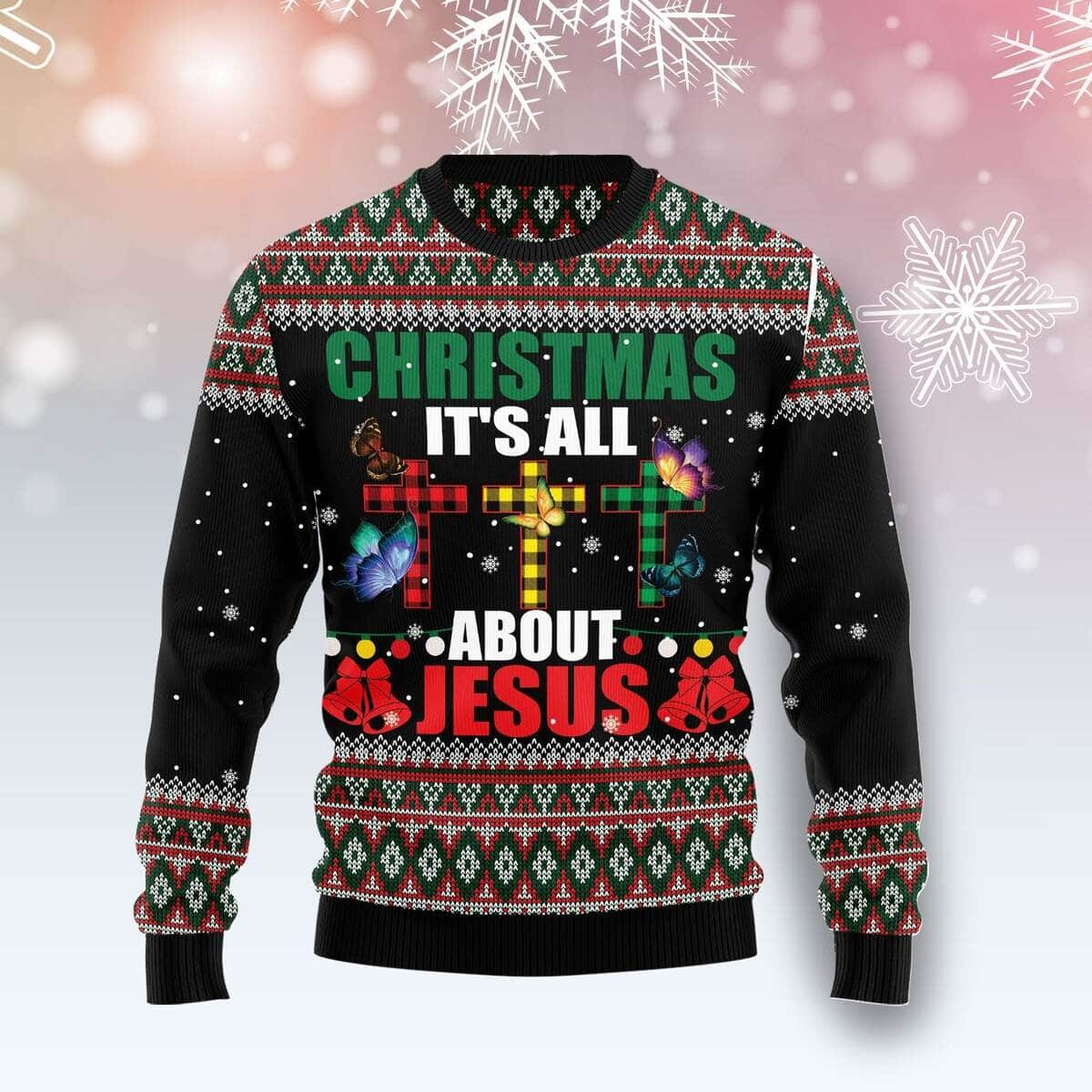 Butterfly All About Jesus Ugly Christmas Ugly Christmas Sweater Christian Religious Gift