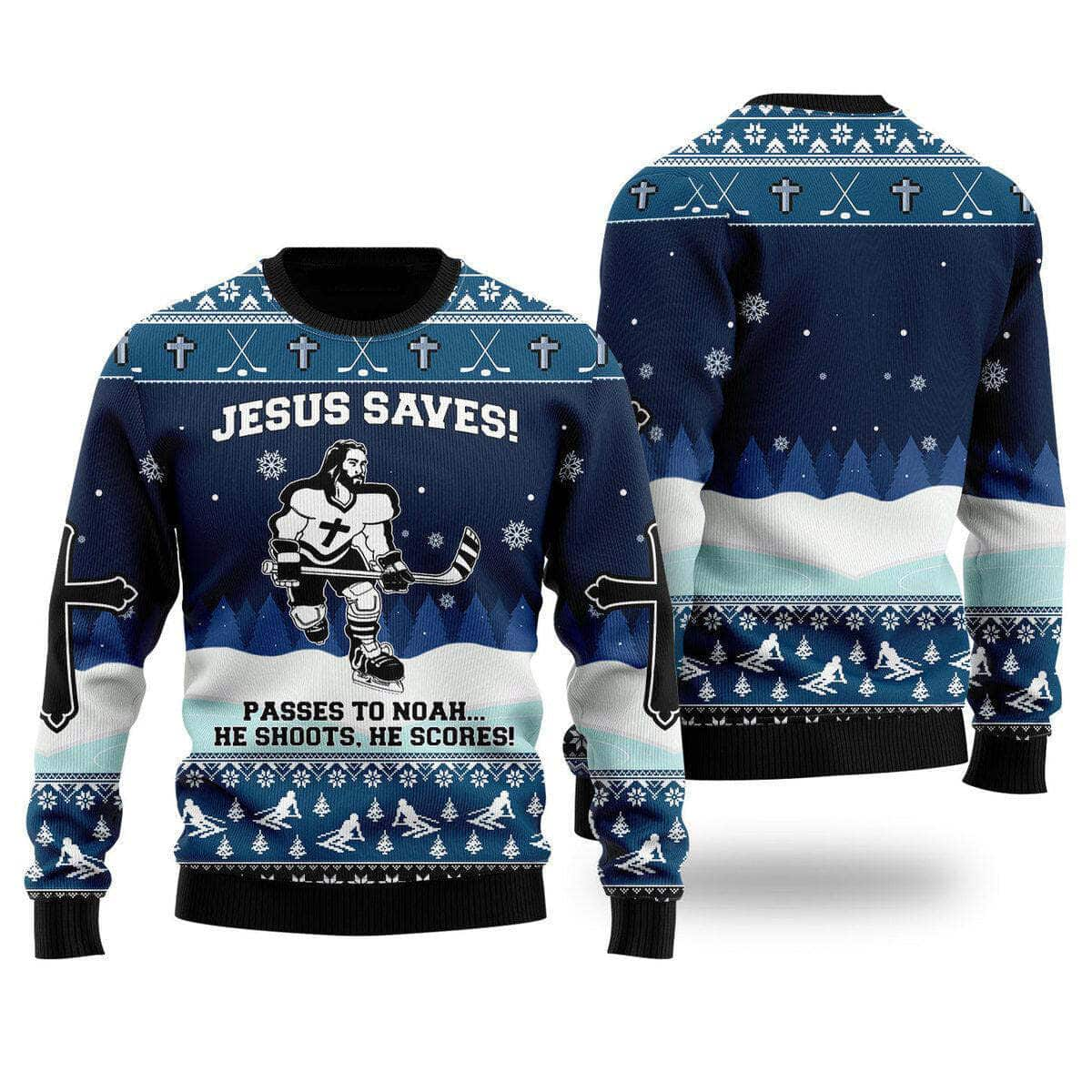 Jesus Saves Hockey He Shoots He Scores Ugly Christmas Ugly Christmas Sweater Christian Religious Gift