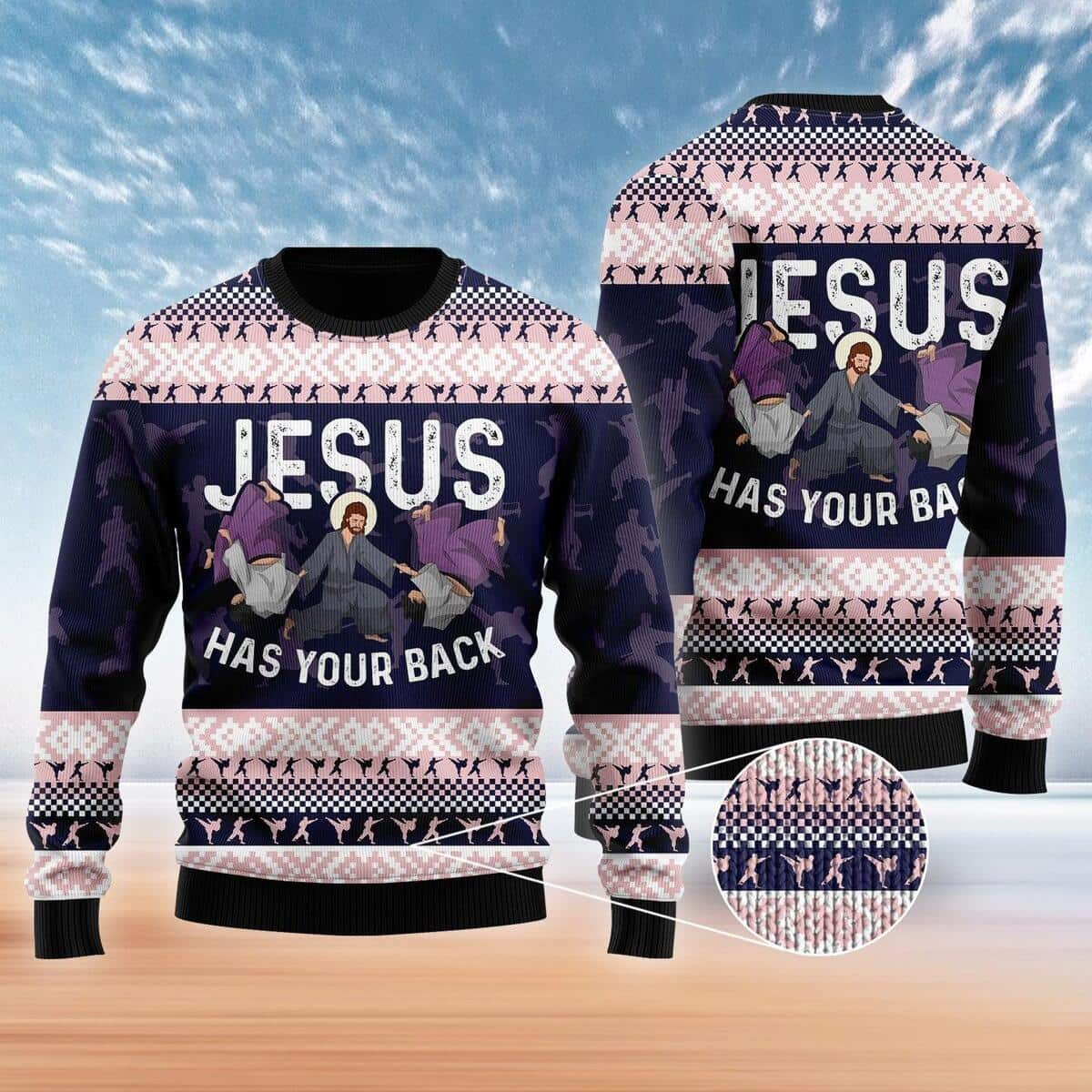 Jesus Has Your Back Jiu Jitsu Christian Religious Gift Ugly Christmas Ugly Christmas Sweater