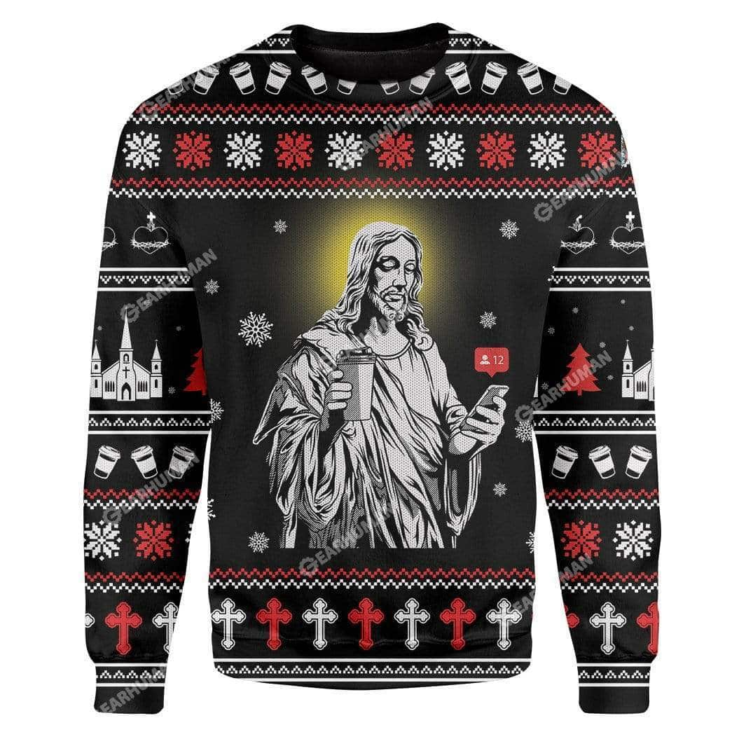 Christmas Ugly Ugly Christmas Sweater Funny Christian Religious Gift Jesus Texting And Dirking Coffee