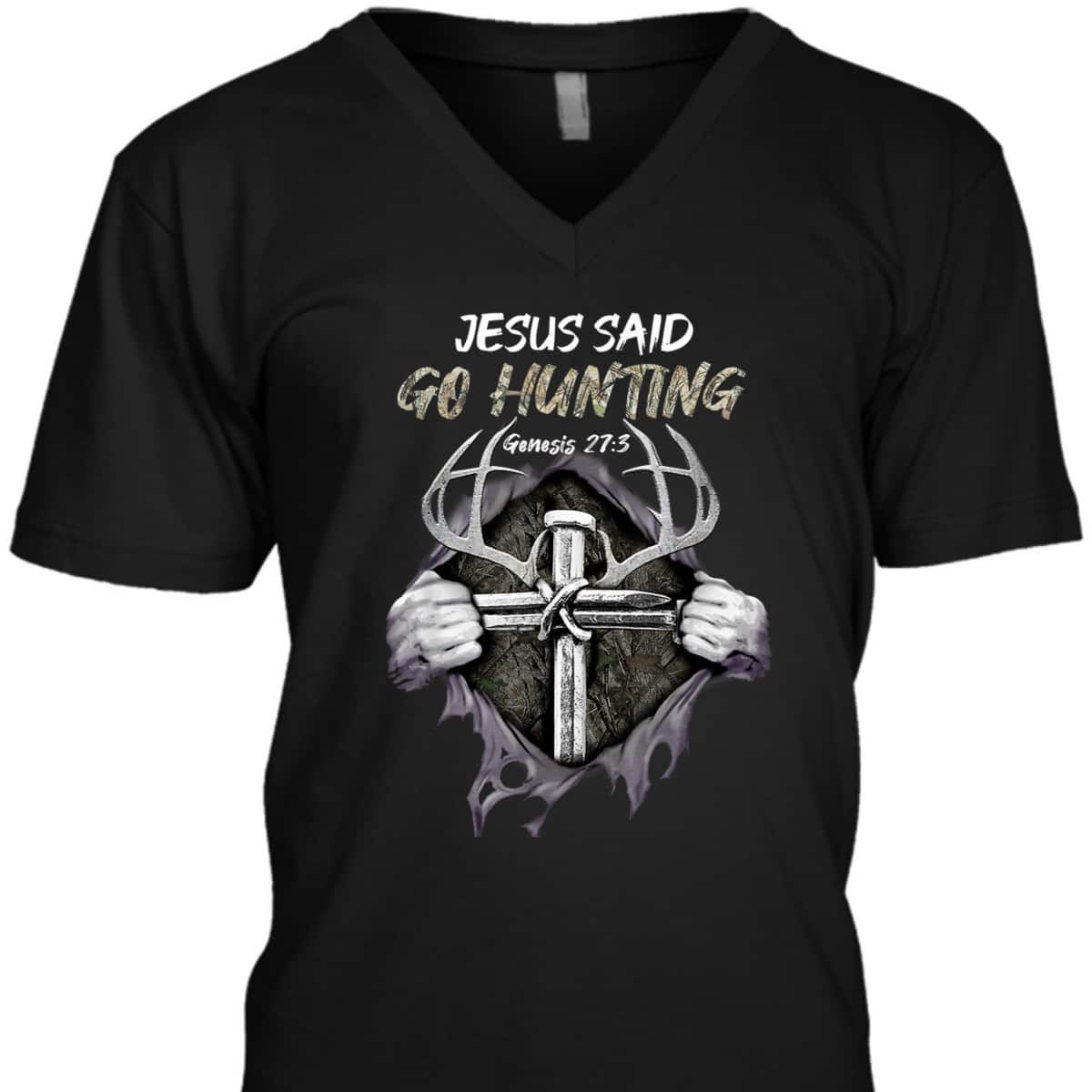 Jesus Go Hunting Genesis 27:3 Hunting Christian Bible Verse Cross T-Shirt