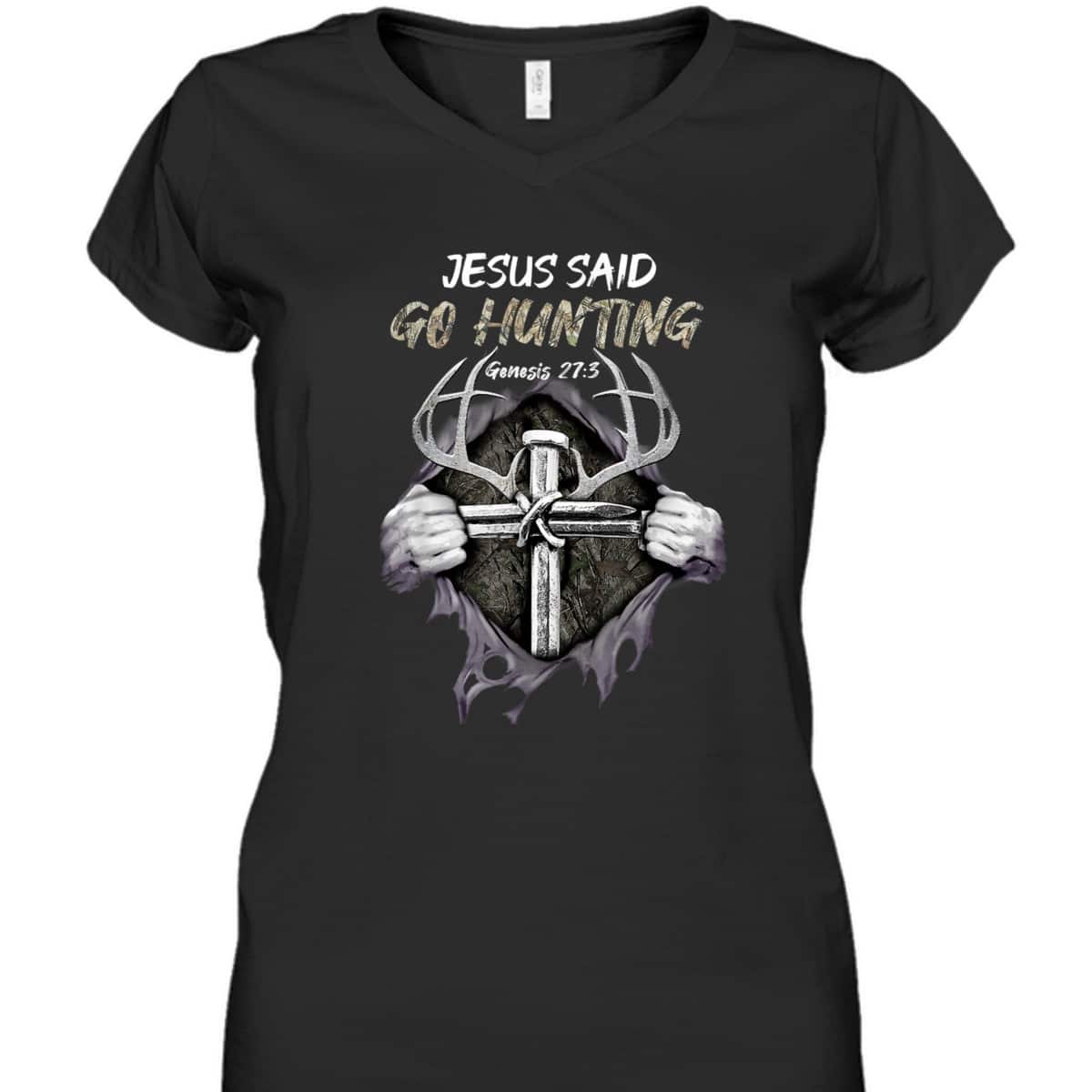 Jesus Go Hunting Genesis 27:3 Hunting Christian Bible Verse Cross T-Shirt