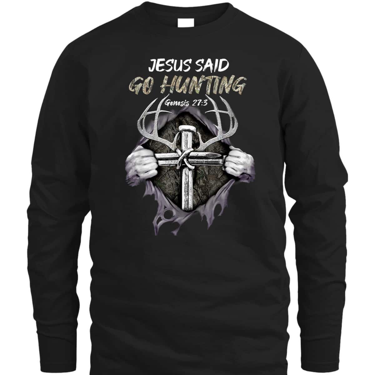 Jesus Go Hunting Genesis 27:3 Hunting Christian Bible Verse Cross T-Shirt
