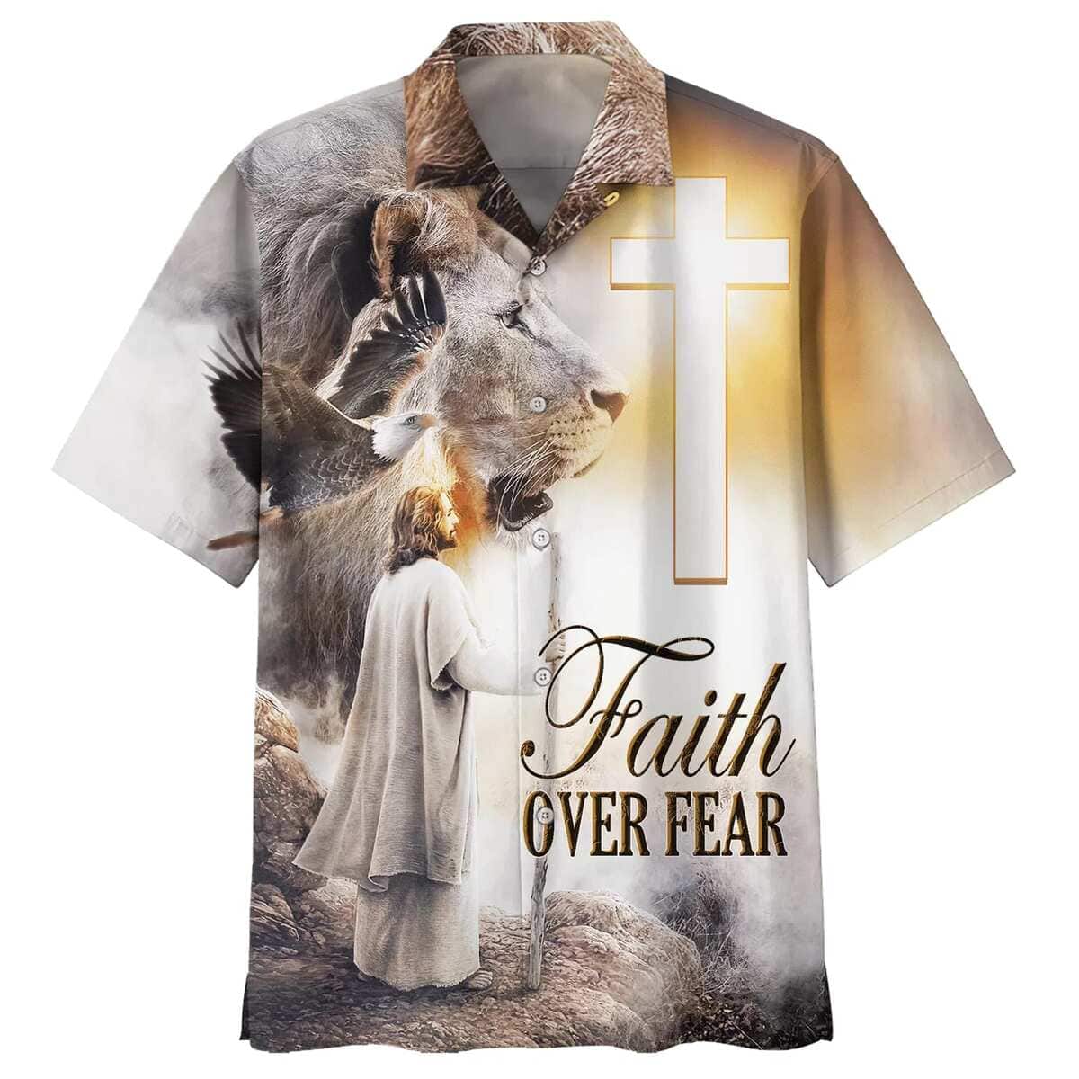 Christian Faith Over Fear Jesus And The Lion And Eagle Hawaiian Shirt Christian Faith Over Fear Jesus And The Lion And Eagle Hawaiian Shirt