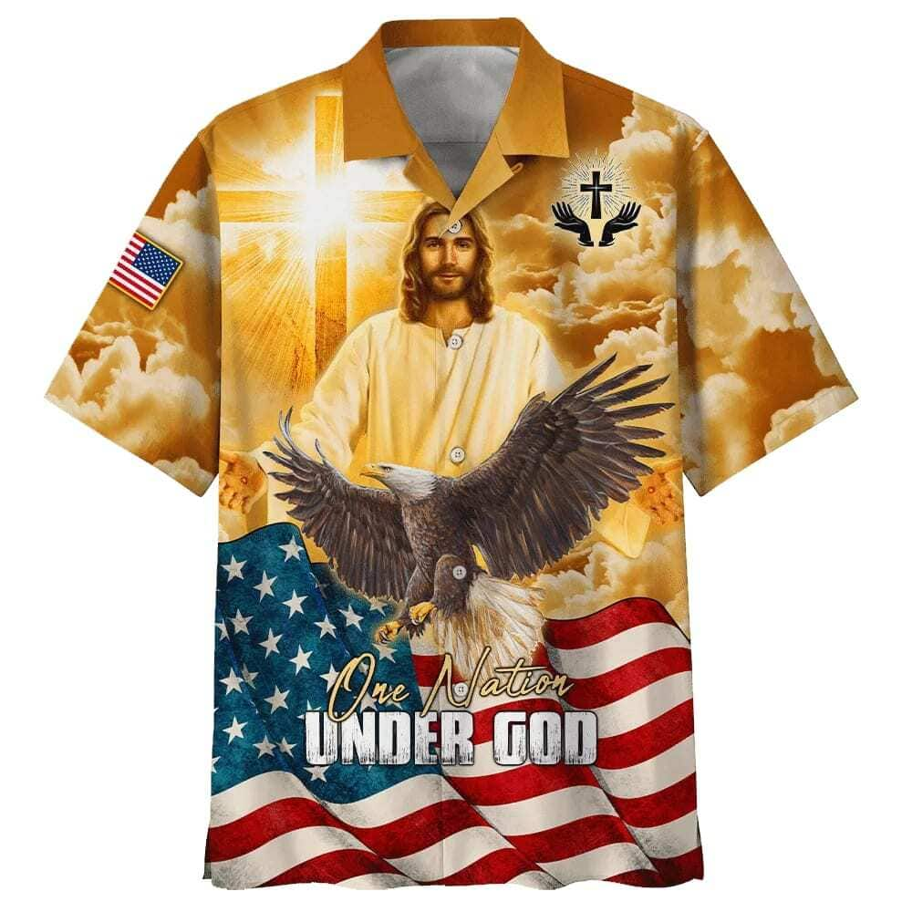 US Flag 4th Of July One Nation Under God Jesus Eagle American Christian Faith Hawaiian Shirt