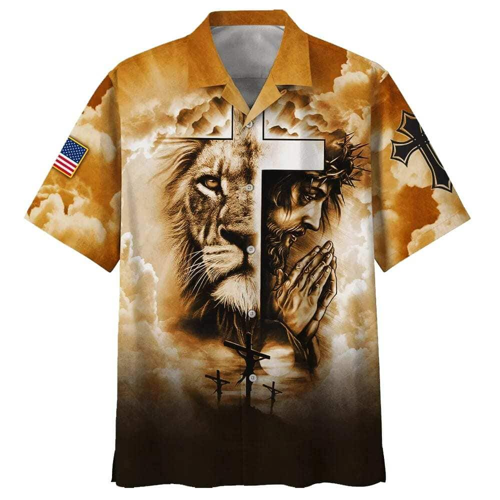 US Flag Lion Pray With Jesus On The Cross Christian Faith Hawaiian Shirt