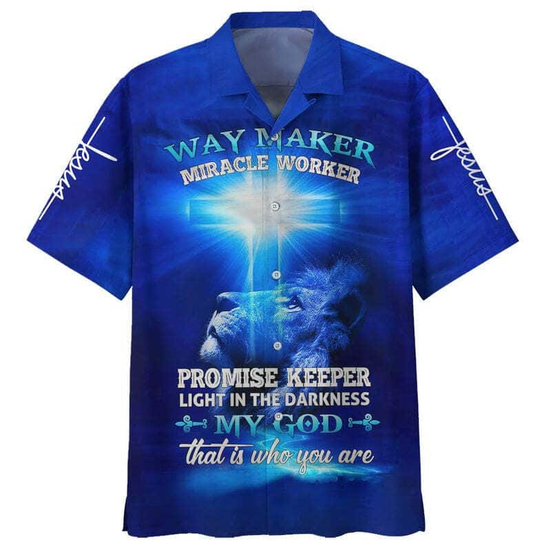 Jesus Lion Way Maker Miracle Worker Promise Keeper Light In The Darkness Blue Christian Faith Hawaiian Shirt