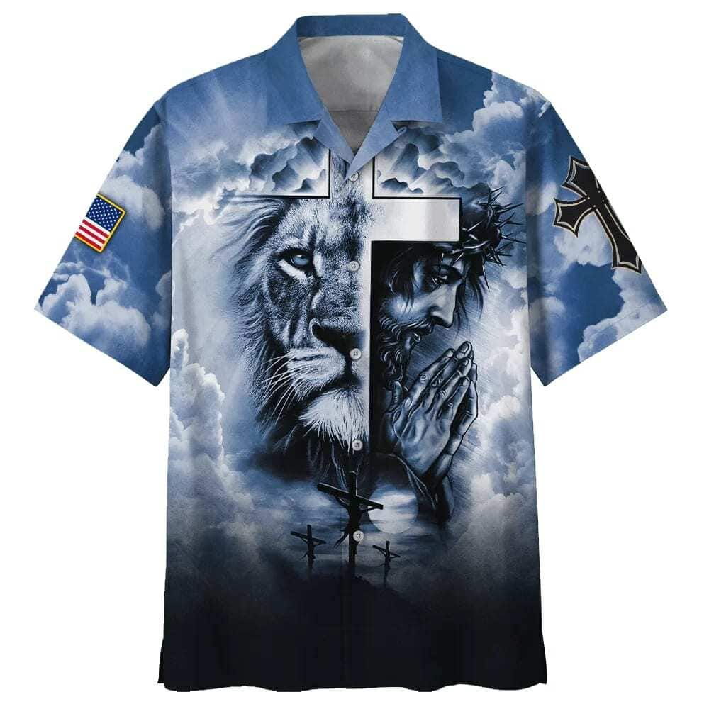 Jesus And Cross Lion Pray Christian Faith Blue Sky Hawaiian Shirt