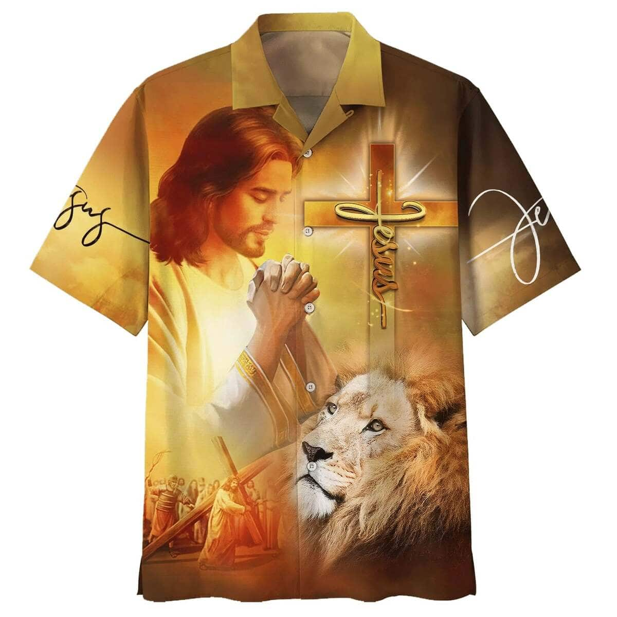 Jesus Prayer Lion Cross Christian Faith Hawaiian Shirt