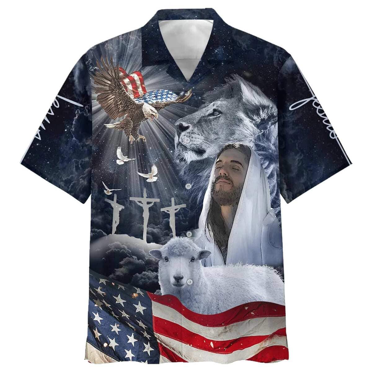 Jesus US Flag Dove Lion And The Lamb Eagle Christian Hawaiian Shirt