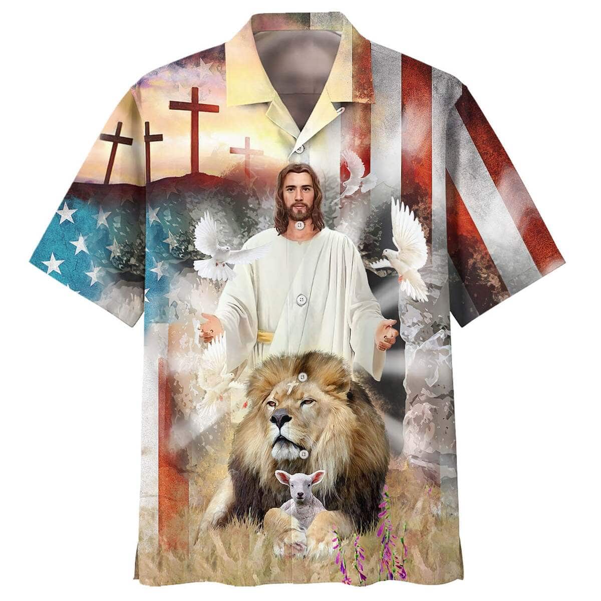 Jesus Lion And The Lamb Cross Christian American Flag 4th Of July Hawaiian Shirt Jesus Lion And The Lamb Cross Christian American Flag 4th Of July Hawaiian Shirt