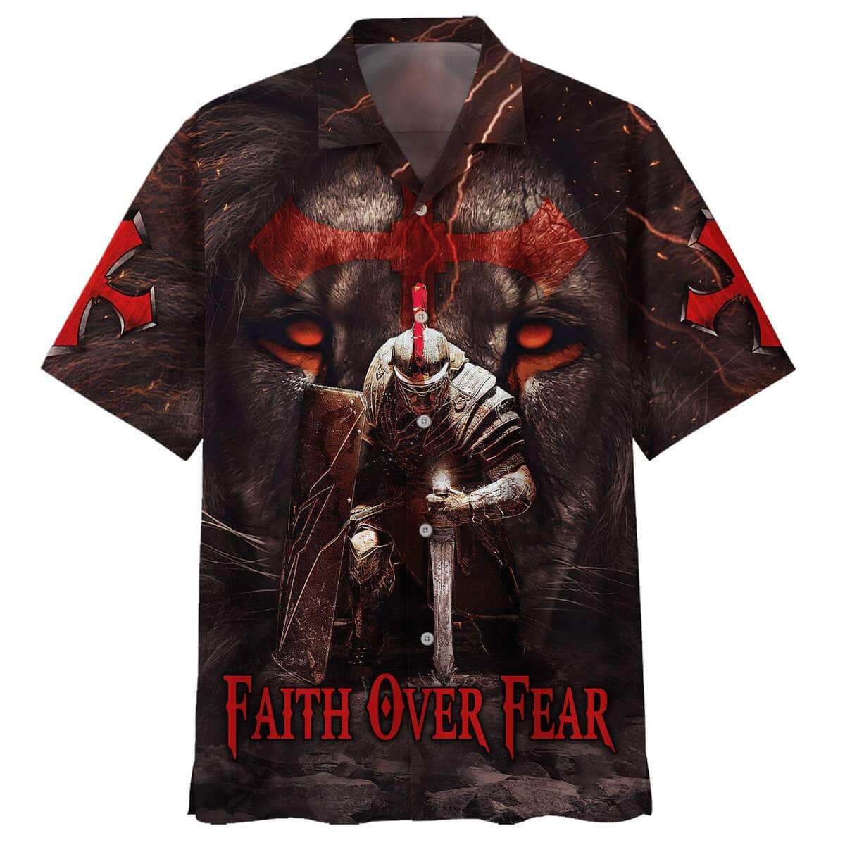 Warrior Of Christ Lion Cross Faith Over Fear Christian Knight Hawaiian Shirt