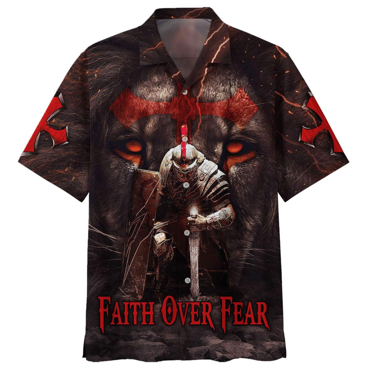 Warrior Of Christ Lion Cross Faith Over Fear Christian Knight Hawaiian Shirt Warrior Of Christ Lion Cross Faith Over Fear Christian Knight Hawaiian Shirt