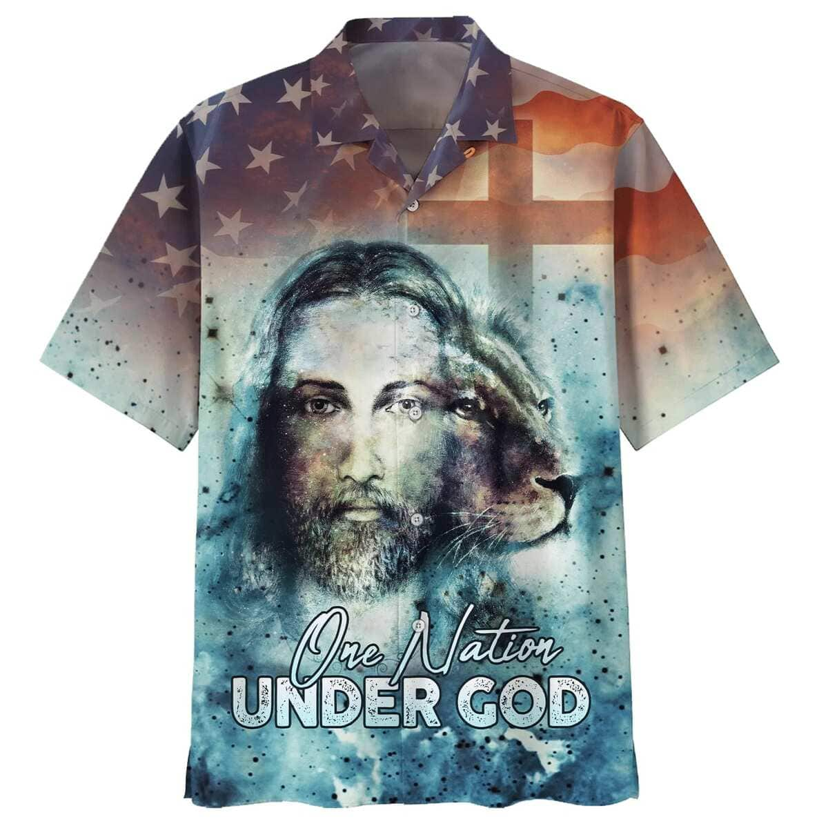 One Nation Under God Jesus Lion Christian US Flag 4th Of July Hawaiian Shirt