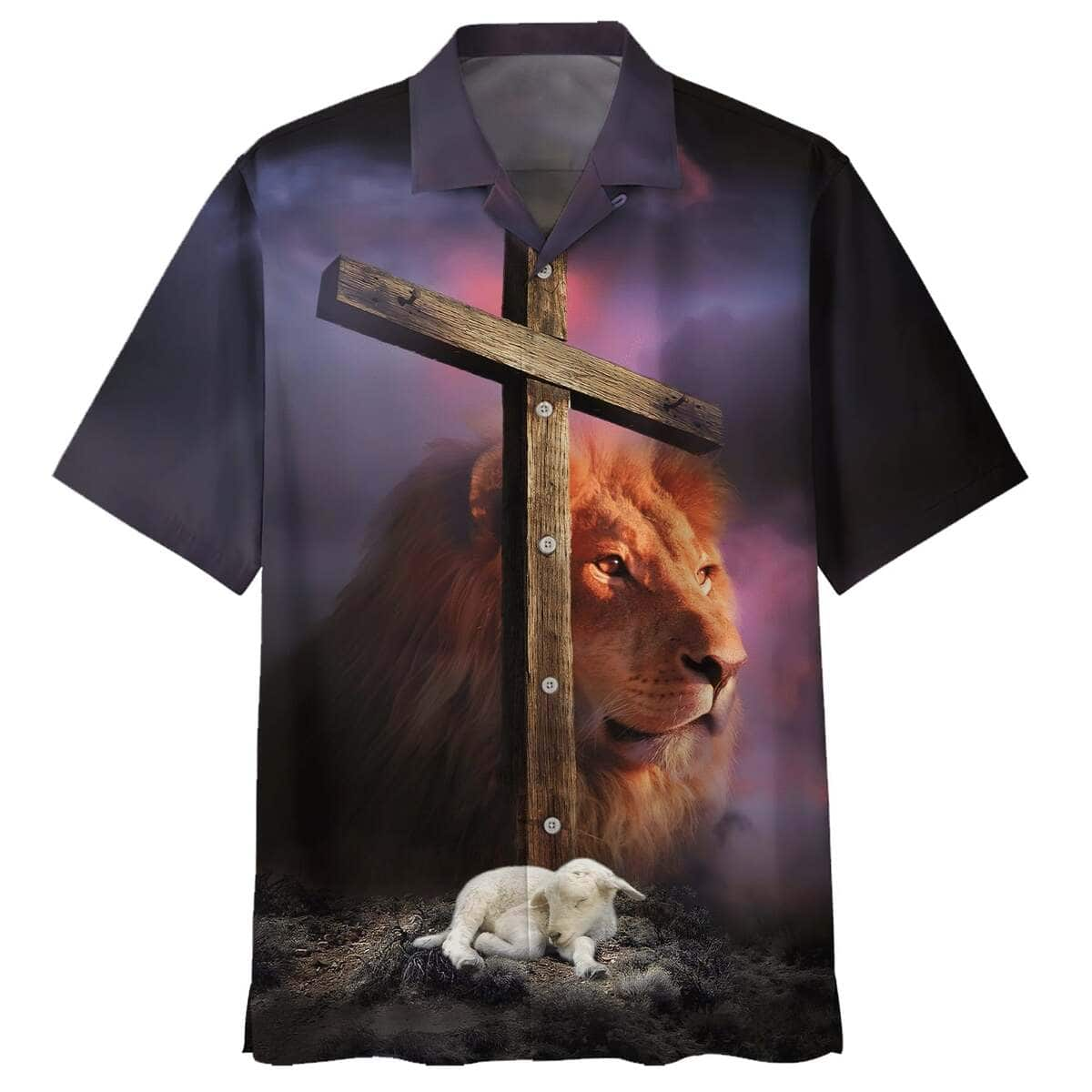 Lion Sheep Wooden Cross Christian Hawaiian Shirt