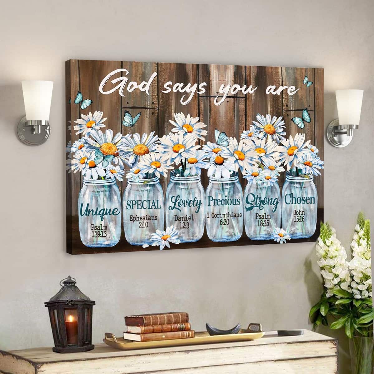 Daisy Flower In Glass Jar God Says You Are Bible Verse Christian Canvas Wall Art Daisy Flower In Glass Jar God Says You Are Bible Verse Christian Canvas Wall Art