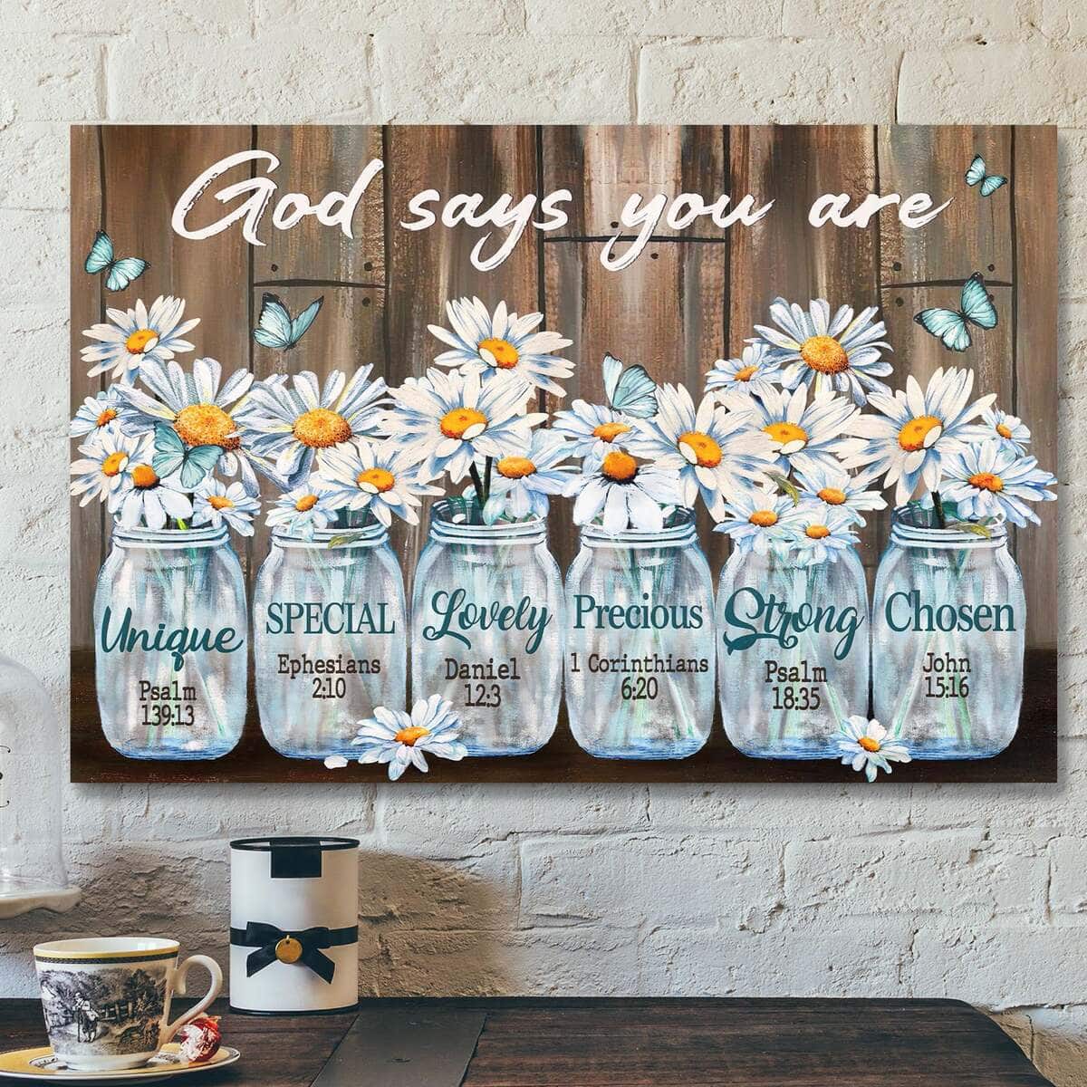 Daisy Flower In Glass Jar God Says You Are Bible Verse Christian Canvas Wall Art Daisy Flower In Glass Jar God Says You Are Bible Verse Christian Canvas Wall Art