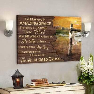 Sunset On The Beach I Still Believe In Amazing Grace Bible Verse Christian Cross Canvas Wall Art