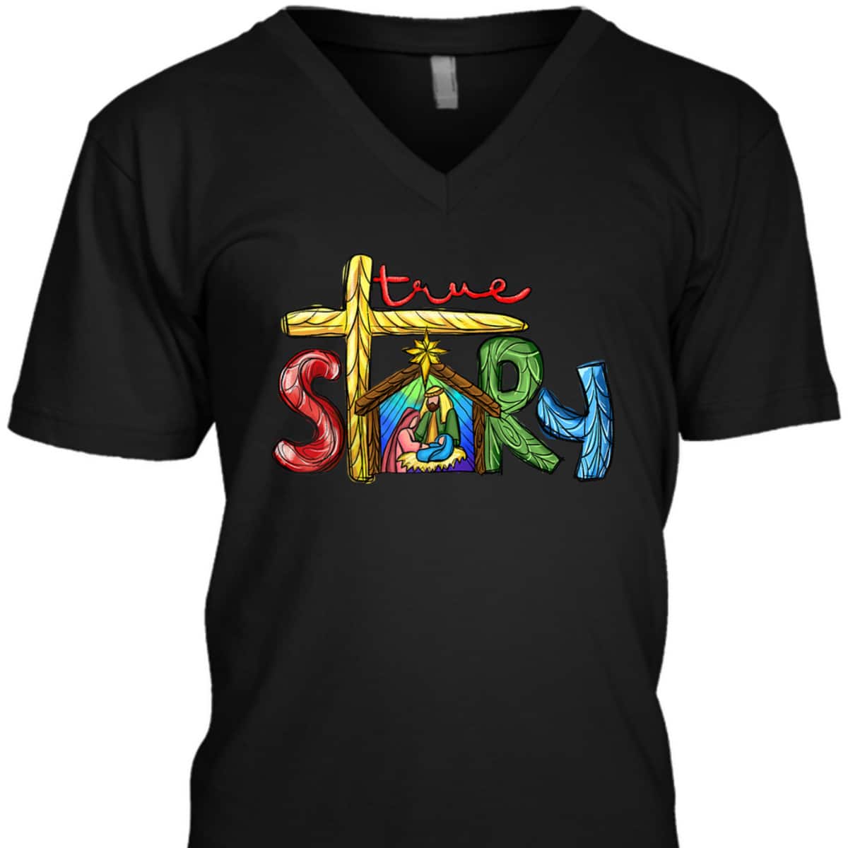 Religious Christmas True Story Nativity Scene Cross Christian T-Shirt Religious Christmas True Story Nativity Scene Cross Christian T-Shirt